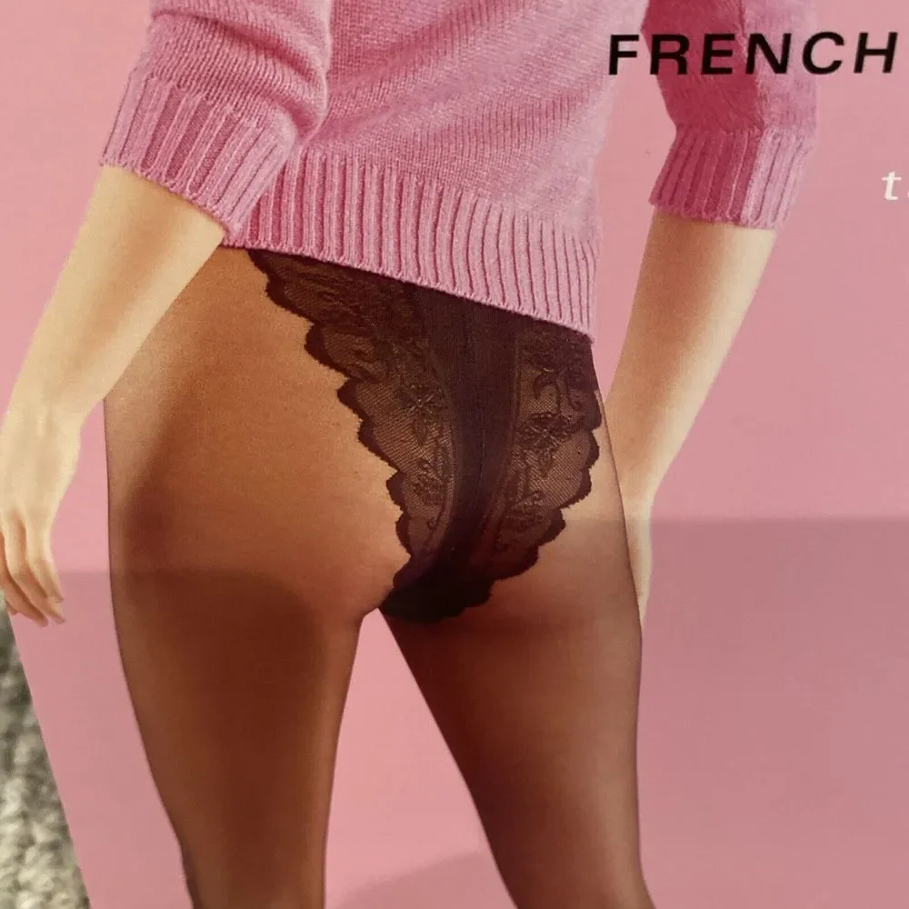 1 PR Hue Sexy Vintage French Lace Panty Control Top‎ Sheer Black Hose Size 1 NIP
